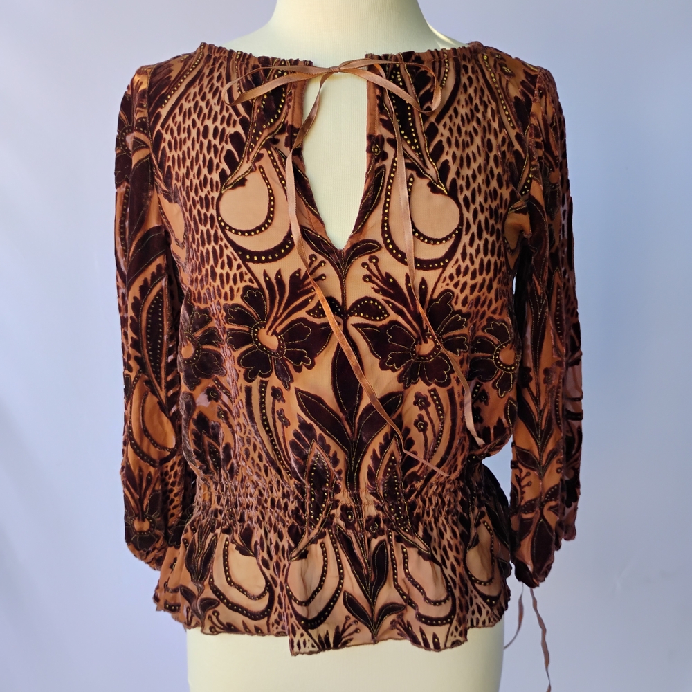 Laundry By Shelli Segal Brown 3/4 Sleeve Tie Front Blouse